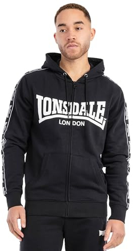 Lonsdale sweatjacka med huva för män med dragkedja, normal passform, BIGTON, svart/vit, M, 117558
