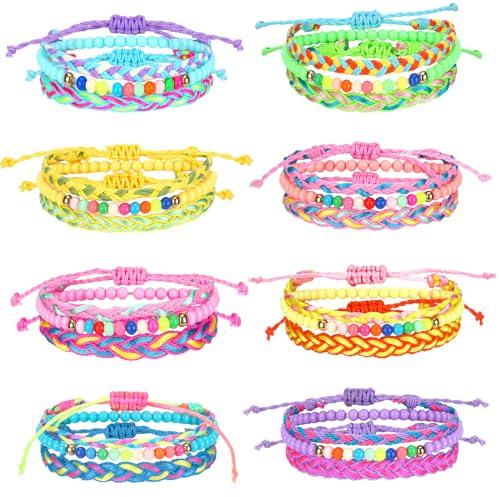 Sureio 24 Pcs Colorful Paracord Braided Friendship Bracelets Woven Beaded Surfer Stretch Kids Bracelet for Back to School Teen Girls Women Party Favors