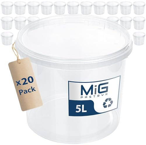 MIG Transparente Eimer mit Deckel 5L - 20x 5L Luftdicht & Lebensmittelecht Plastikeimer mit Deckel - Stapelbare Kleine Eimer für Haushalt & Industrie -Ideal Kübel mit Deckel zum Einlegen & Lagern