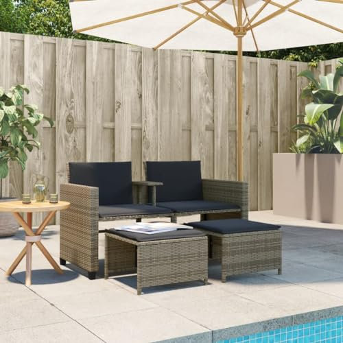 Festnight Gartensofa Ausziehbar Rattan Sofa 2 Sitzer Lounge Sofa Outdoor mit Hocker Kleines Balkon Sofa Balkonmöbel Gartensofa 2-Sitzer Gartenmöbel Set Rattansofa Balkon Lounge Grau