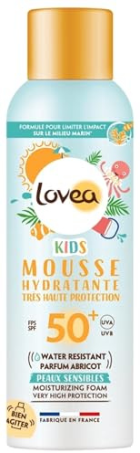 LOVEA - Mousse Hydratante Kids FPS 50+ - Très Haute Protection Solaire Visage & Corps - Parfum Abricot - Protection UVA/UVB - Peaux Sensibles - Résistant À L'Eau - Vegan - Fabriqué En France - 150 ml