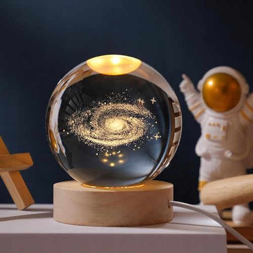 Sunwuun 3D Kristallkugel Nachtlicht,USB 3D Mond Planeten Sonnensystem Universum Lampe,Glaskugel Lampe mit Holzsockel,Weihnachten Geburtstag Valentinstag Astronomie Geschenke LED Ball Lamp e