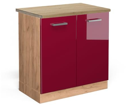 Vicco Spülenunterschrank R-Line, Rot Hochglanz, 80 cm | 2 Türen · AP Eiche inkl. · Höhenverstellbare Füße · Großer Innenraum ✓ · ✓ Frei kombinierbar