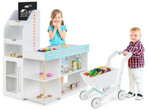 COSTWAY Supermercado Infantil de Madera, Tienda de Comestibles con Caja Registradora, Carrito de Compras, Pizarra, Transportador，Accesorios y Luces LED, Supermercado de Juguete para Niños de 3+Años