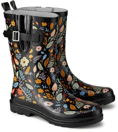 HISEA Rubber Mid-Calf Rain Boots for Women, Waterproof Insulated Anti-Slip Short Mud Boots, Cute Fashion Chelsea Garden Boots For Adult