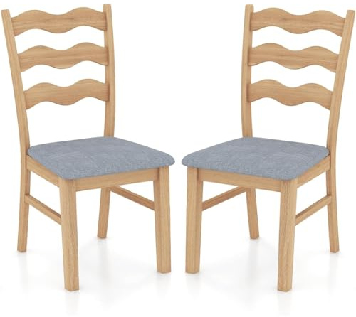 GiantexUK Dining Chairs Set of 2, Padded Rubber Wood Kitchen Counter Chairs with Ergonomic Backrest & Linen Fabric Seat, Accent Side Armless Chairs for Living Room Restaurant (Wave Pattern, Natural)