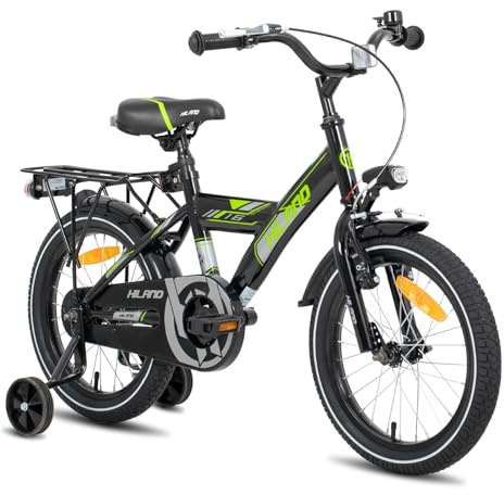 HILAND 16/18/20 Zoll Kinderfahrrad Mountainbike Kinder MTB für Jungen und Mädchen ab 4 5 6 7 8 9 Jahren Licht Gepäckträger Stützräder/Ständer, Schwarz/Weiß