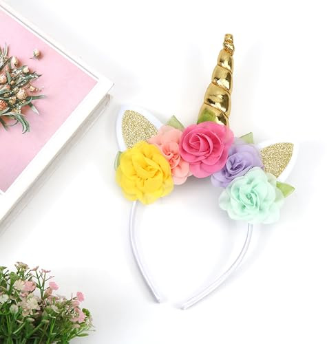 Capaneus Einhorn Haarreif, Haarreif Einhorn mit Ohren Blumen, Einhorn Haarreif Kinder Damen, Haarschmuck Einhorn für Kinder Damen Karneval Fasching Geburtstag Halloween Accessoires