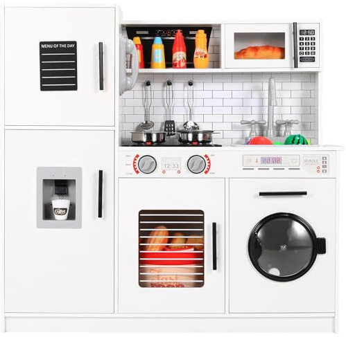 Clevich Kinderküche mit Waschmaschine, Spielküche für Kinderzimmer, Kita | MDF Spielzeugküche mit Eismaschine, Herd, Mikrowelle, Telefon, Sound Licht Spielküche 82x80x25 cm, Geburtstag, Weiß