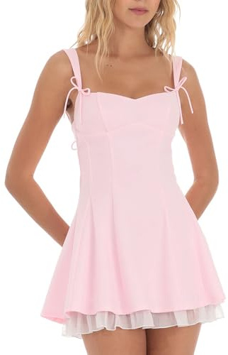SANSIWU Women's Summer Corset Mini Dress, Fashion Sleeveless Backless Tiered Ruffle Hem with Solid Color Bow Tie Strap Skater Tank