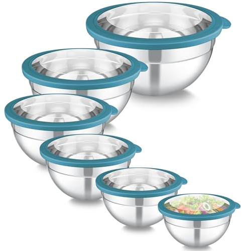 Homikit Blandningsskålar, uppsättning av 6, skål i rostfritt stål, salladsskål med genomskinligt lock för servering, matlagning, bakning, skåluppsättning 4,5 l/2,8 l/2,5 l/1,6 l/1,2 l/0,7 l, stapelbar