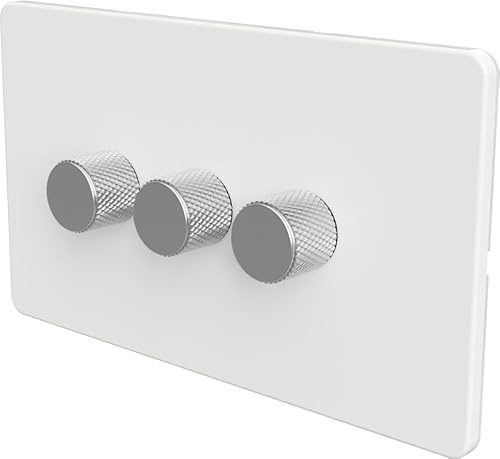 LED Dimmer Switch [Metal Knob/Plastic faceplate] 2-way Rotary Push On/Off for Dimmable LED and Halogen Lights, minimum brightness adjustable - White/Silver 3-Gang
