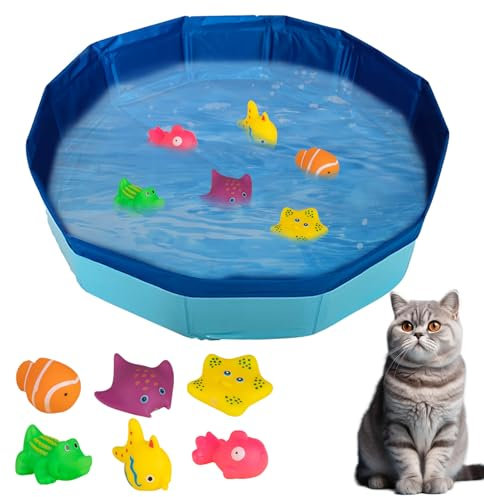 Katzenpool mit Fisch Spielzeug, Katzen Pool Faltbar Hundepool Klein Tragbare Hunde Pool mit Wasser Interaktives Katzenspielzeug Fischen Hunde Planschbecken Schwimmbad für Katzen und Hunde (30 * 10cm)