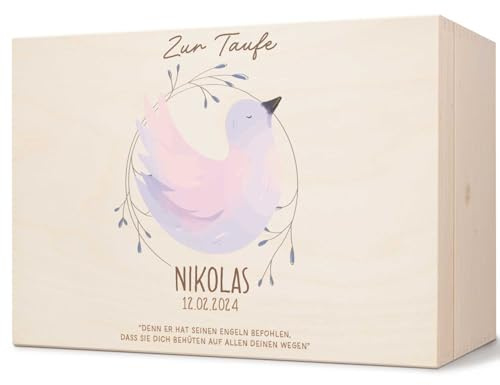 GRAVURZEILE Bedruckte Erinnerungskiste - Taube Taufe - Personalisiert mit Name & Datum - Erinnerungsbox für Mädchen & Jungen - Geschenk zur Kommunion, Konfirmation & Taufe - Erinnerungsbox