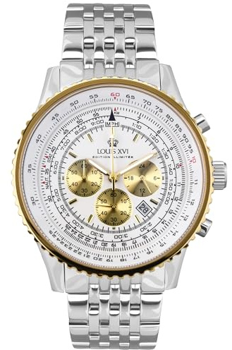 LOUIS XVI Artagnan 3441 - Ø 47.5 mm - Herren Uhr - Chronograph - Wasserdicht - Uhr mit Saphirglas - Bicolor - Armband Silber - Zifferblatt Weiß