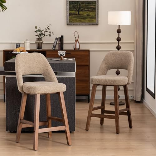 YOUNIKE Barhocker 2er-Set aus Boucle Stoff, 67 cm Sitzhöhe Barstuhl mit Hohlrückenlehne, Gepolsterte Küchenhocker mit Massivholzbeine, Rustikale Tresenhocker für Küche/Hausbar/Esszimmer, Khaki