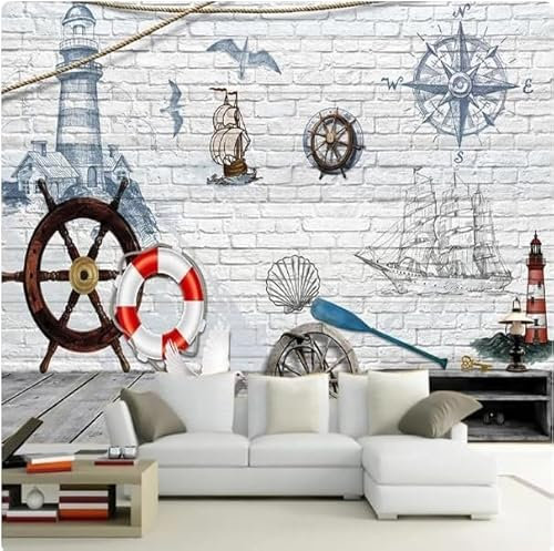White Brick Wall Hand Painted Lighthouse Sailboat 3D Wallpaper Home Study Office Grey Dining Room Sofa Bedroom Living Room TV Backdrop-430cm×300cm
