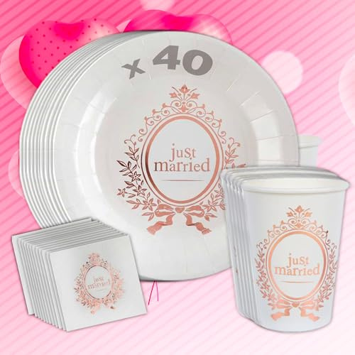 Pack vaisselle carton mariage - Just Married Rose Gold – 80 assiettes Ø22,5cm, 80 gobelets 27cl, 80 serviettes 25x25cm – Déco chic et élégante (40 personnes, mariage)