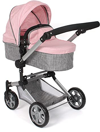 Bayer Chic 2000 Puppenwagen Linus | 2in1 Kombi-Buggy Melange Grau-Rosa | Großer 2in1 Kombi-Puppenwagen mit umwandelbarer Wanne für Puppen bis 52 cm. Melange Grau-Rosa, hoher Griff 47-78 cm.