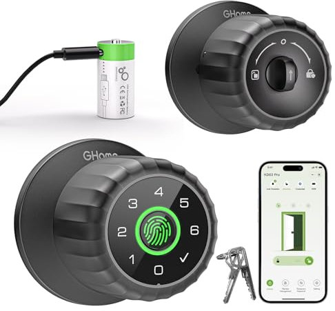 GHome Smart Fingerprint Door Lock, 4-in-1 Fingerprint Door Knob with Keypad, App Control, Keys, Removable & Rechargeable Battery, Door Locks for Bedroom, Home, Garage, Storage Room