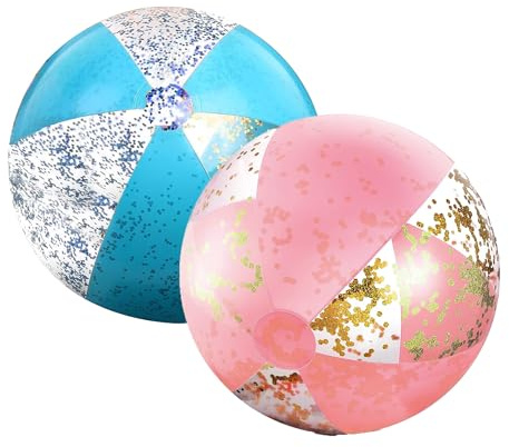 Jyinelx 2 Pcs 16 Inch Glitter Beach Balls, Inflatable Beach Ball, Suitable for Pool Party, Beach,Beach Games, Shiny Pool Float(Blue and Pink)