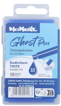 McNeill Cartouches d'encre Ghost Pen - Encre effaçable thermiquement pour stylo plume Ghost Pen | Cartouches de rechange en différentes couleurs | Écriture nette et gomme sans résidus (bleu)