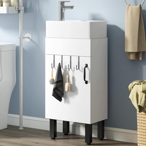 YITAHOME Armoire de Salle de Bain, lavabo avec Porte, lavabo avec lavabo, Meuble sur Pied, 2 Crochets, pour Salle de Bain, Cuisine, Blanc, Robinet Non Inclus