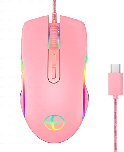 Kalttoy Souris optique filaire USB de type C 3200 dpi avec lumière RVB rose pour ordinateur