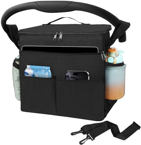 HOTUT Borsa per Passeggino Universale, Organizer per Passeggino con Portabevande Isolato e Tracolla, Multifunzione Borsa Cambio Neonato, Borsa Organizer per Carrozzina, Nero