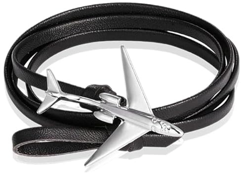 Wickelarmband Herren Leder Flugzeug Anker Schwarz, One Size, LederMetalllegierung