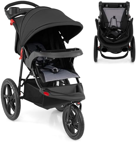 HONEY JOY Jogging Stroller, Foldable Running Stroller w/Adjustable Canopy & Recline Seat, 2 Cup Holders, Snack Tray, Storage Basket, Bicycle Tires, Baby Jogger Stroller for Infants to Toddlers (Black)