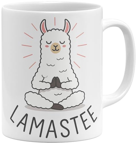 OM3 Tasse à café Lama amusante avec inscription en allemand - Motif Namaste Alpaga Yoga - Tasse en céramique - 325 ml - Imprimé des deux côtés - Blanc