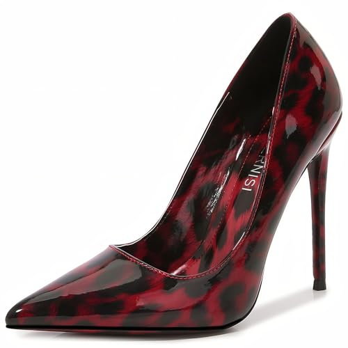 Escarpins Talons Hauts Aiguilles Stiletto 13 cm À Imprimé Léopard, Bout Pointu – Chaussures De Soirée Élégantes (Rouge Et Noir Guépard, 41)
