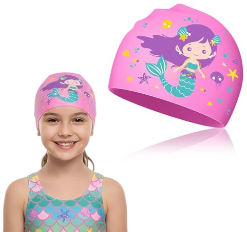 MNYXIS Gorro de Piscina para Niños 4-12 Años, Gorro Piscina Niña, Gorro Natacion Bebe, Gorro de Baño Impermeable para Niñas, Lindo patrón de Sirena, Gorro Natación Silicona Niños Antideslizante
