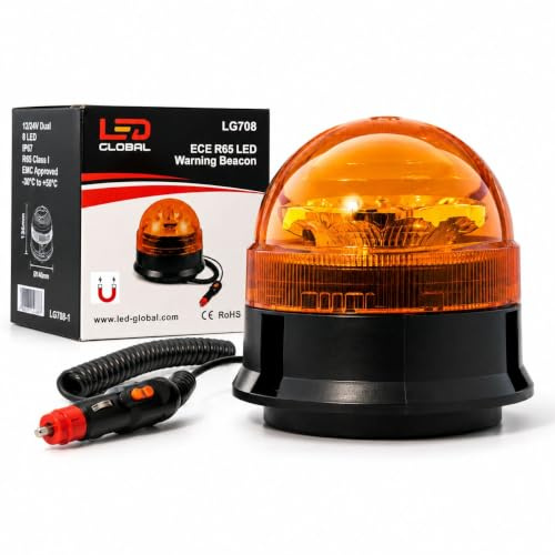 LED Global Luz giratoria magnética 12 V 24 V – Luz LED de advertencia naranja con base magnética y enchufe para encendedor de cigarrillos – 3 patrones de flash, homologación ECE R65 R10 StVZO, IP67