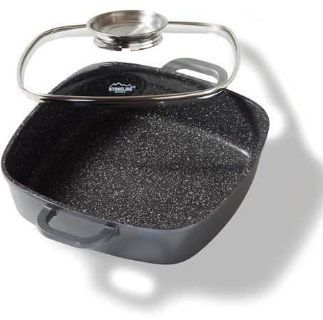 STONELINE Casseruola Quadrata 28 cm, Tegame 2 Manici Coperchio Salva-Aroma Alluminio Pressofuso, Rivestimento Antiaderente con Vere Particelle di Pietra, A Induzione Forno Tutti i Piani, Grigio