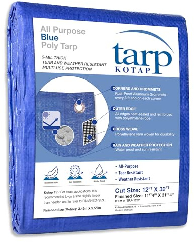 Kotap 12 x 32 Ft. All-Purpose Multi-Use Protection/Coverage 5-mil Poly Tarp, Waterproof, Blue, (TRA-1232)