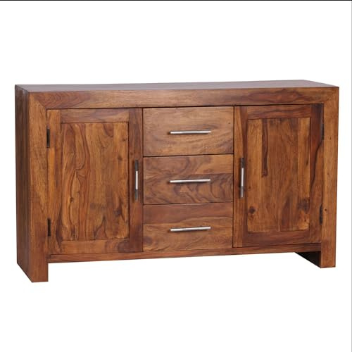 FineBuy Sideboard Sheesham Massivholz 120 cm 2 Türen & 3 Schubladen - Massive Retro Kommode Landhaus - Design Natur Anrichte - Handmade