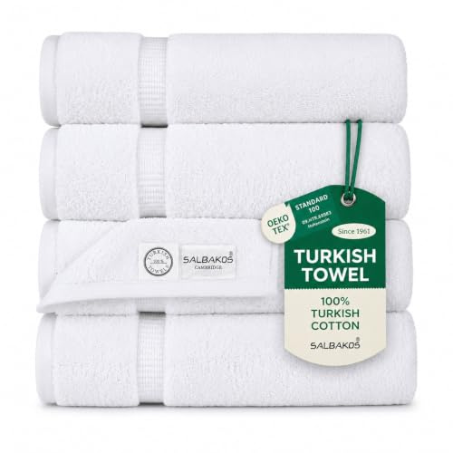 SALBAKOS 100% Turkish Cotton Bath Towels | 4 Piece Turkish Bath Towels White 27x54 Standard Size | Premium Hotel Quality, Super Absorbent, Thick, Plush Turkish Towel - Made in Turkey (White Pack of 4)