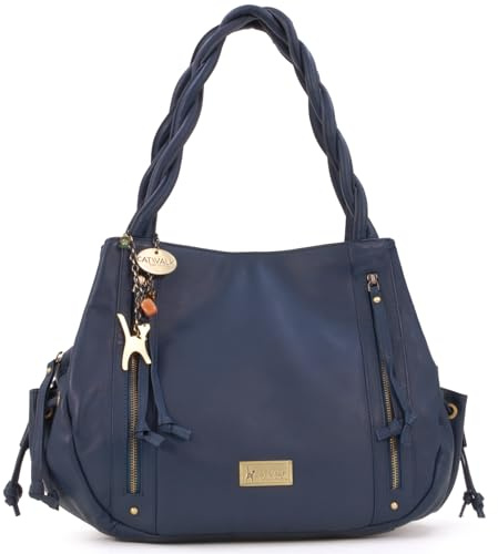 Catwalk Collection Handbags - Damen Leder Schultertasche - Handtasche Groß - Tote Bag mit Viele Fächer - Caz - Blau