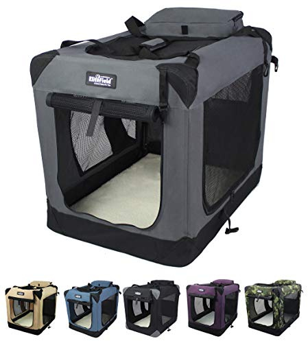 EliteField Hundeboxen Transportbox faltbar mit 3 Türen, weich, mit Tragetasche und Fleece-Bett, für drinnen und draußen, 76,2 x 53,3 x 61 cm, Grau