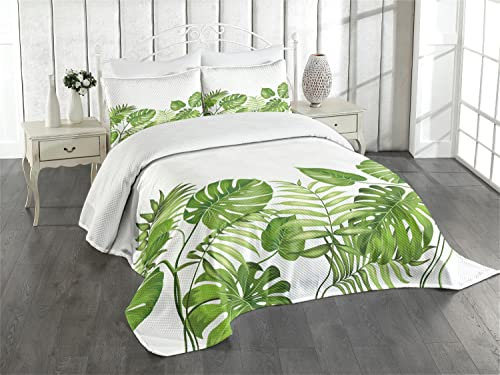 ABAKUHAUS Blatt Tagesdecke Set, Laub wirbelt Botanic, Set mit Kissenbezügen Waschbar, für Einzelbetten 170 x 220 cm, Grün