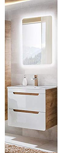 Lomadox Badezimmer Waschplatz Set in Hochglanz weiß LUTON-56 61 cm Waschtisch & LED-Spiegel, B/H/T ca. 61/200/46 cm