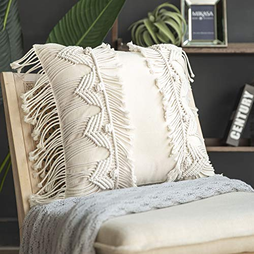Phantoscope 100% Cotton Handmade Symmetry 3D Crochet Woven Boho Throw Pillow Farmhouse Pillow Insert Included Decorative Cushion for Couch Sofa Off White 18 x 18 inches 45 x 45 cm