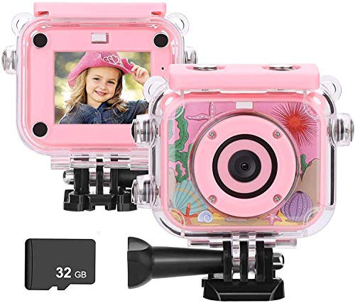 BlumWay Mini Digital Kamera für Kinder von 3 bis 13 Jahren, HD Wiederaufladbare Kinderkamera mit 32G SD-Karte, wasserdichte Action Kamera für Indoor Outdoor, Spielzeug und Geschenk für Kinder(Rosa)