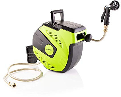 Alfresia 15 Metre Wall Mounted Hose Reel – Garden Hose and Reel Kit, Automatic Wind-Up Retractable Garden Hosepipe, with 7 Setting Spray Gun and Quick Release Brass Attachments, Water Resistant