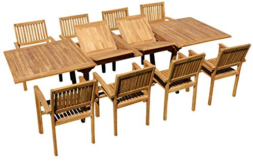 ALEOS. Teak Gartengarnitur Gartenset Sitzgruppe Ausziehtisch Tobago 200-250-300x100 cm mit 8 Stapelsessel Miami aus Teakholz Gartenmöbelset Esstischgruppe Sessel stapelbar