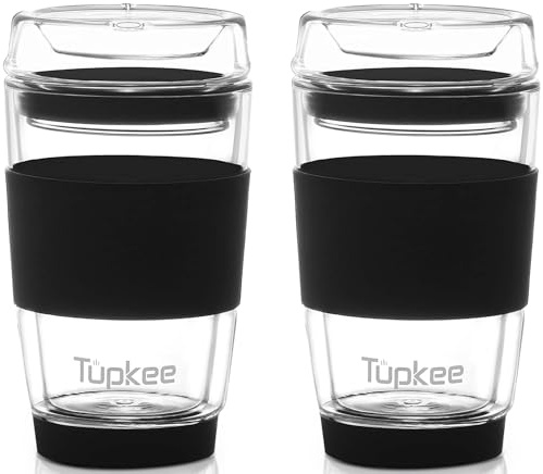 Tupkee Glasbehållare med dubbla väggar – 237 ml, helt glas återanvändbar isolerad te-/kaffemugg och lock, handblåst resemugg i glas – svart – 2-pack