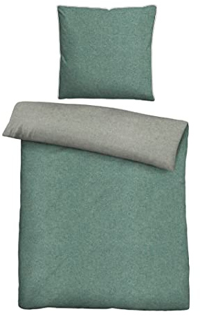 biberna Melange-Flanell Bettwäsche 135x200 cm, 2-teilig mit Kissenbezug 80x80 cm, 100% Baumwolle, Biber, mit Paspel, wärmend & weich, Reißverschluss, Winterbettwäsche, Uni, grün, Modell 0840500