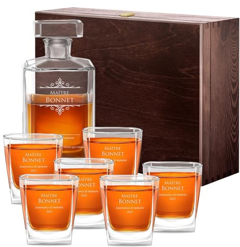 Maverton Ensemble de Carafes Personnalisés a Whisky Rhum Cognac Avec 6 | Verres a Whisky Gravés, 700 ml Service Universel Verre Whisky et Carafe, Maître